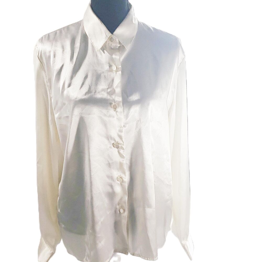 Leslie Fay White Satin Button Up Collared Top One Button Size 14